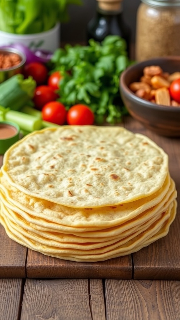A stack of golden almond flour tortillas on a wooden table, surrounded by fresh ingredients for tacos.
